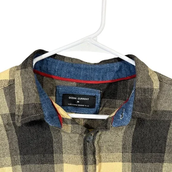 Ocean Current Mens Flannel Size M Black/Yellow Plaid Cotton Button Up GUC - Picture 3 of 11